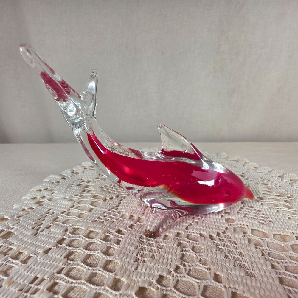 Handcrafted Clear & Red Glass Dolphin Figurine - Picture 2 of 5